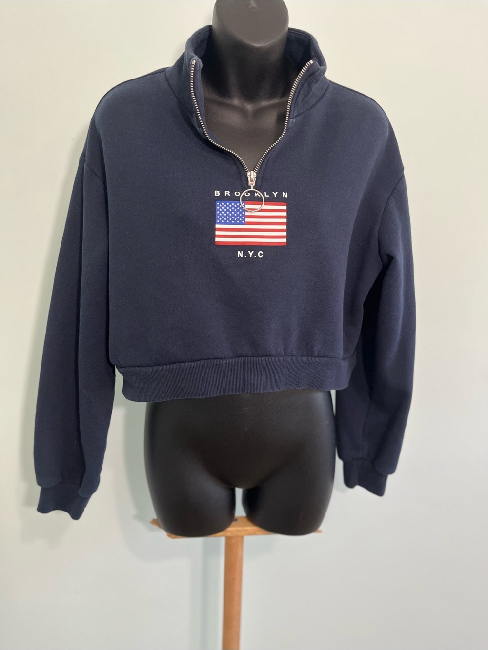 H&M Divided Navy Blue Brooklyn NYC American Flag Cropped Quarter-Zip Sweatshirt